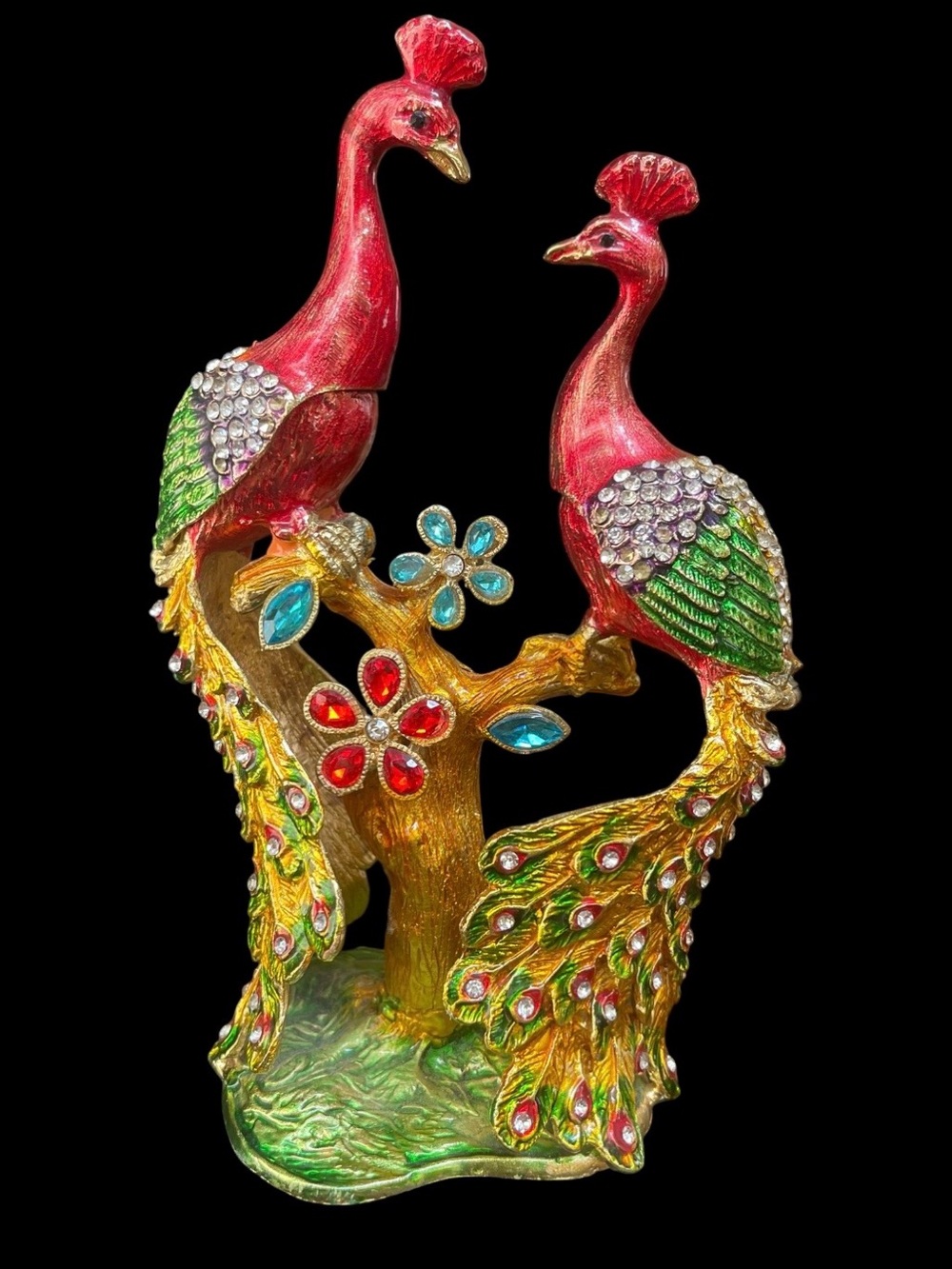 Double Trinket Peacock Sculpture Jeweled Enamel Metal Swarovski Crystals 6.75”